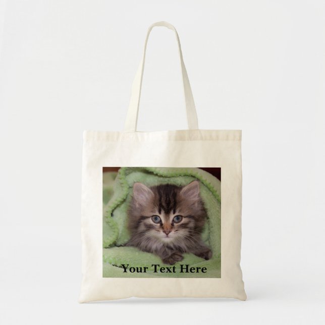 Sweet, Fluffy Grey Kitten in Green Blanket Tote (Front)
