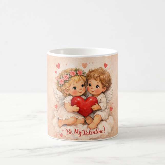 Sweet folk-style Valentine card with angel childre Coffee Mug (Center)