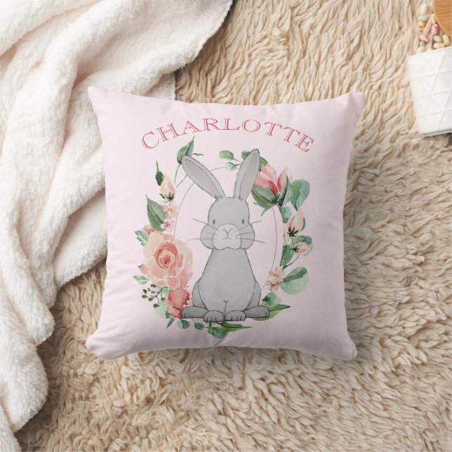 Sweet Forest Animal Grey Bunny Pink Floral Girl's  Cushion (Blanket)