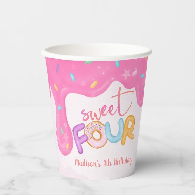 sweet four Pink Frosting Girl's First Birthday Paper Cups (Front)