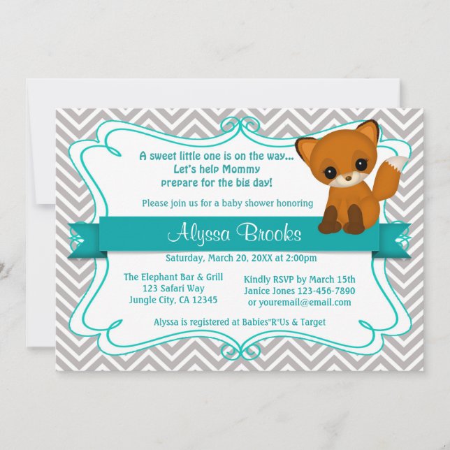 Sweet Fox Baby Shower Invitations Chevron Grey (Front)