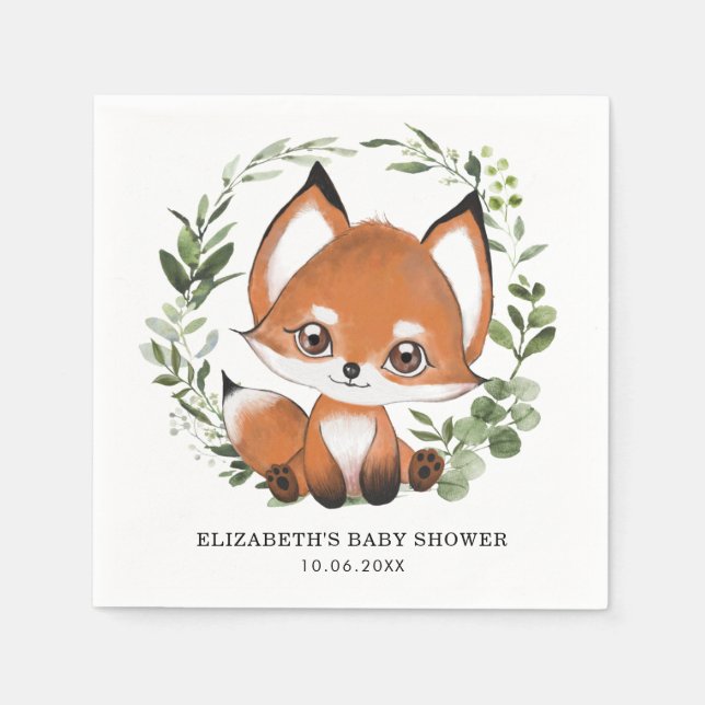 Sweet Fox Botanical Greenery Forest Baby Birthday Napkin (Front)
