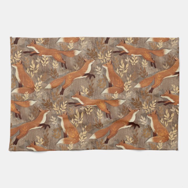 Sweet Fox Pattern in Fall Neutrals Tea Towel (Horizontal)
