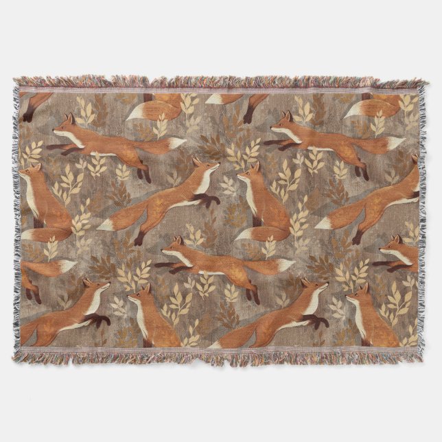 Sweet Fox Pattern in Fall Neutrals Throw Blanket (Front)