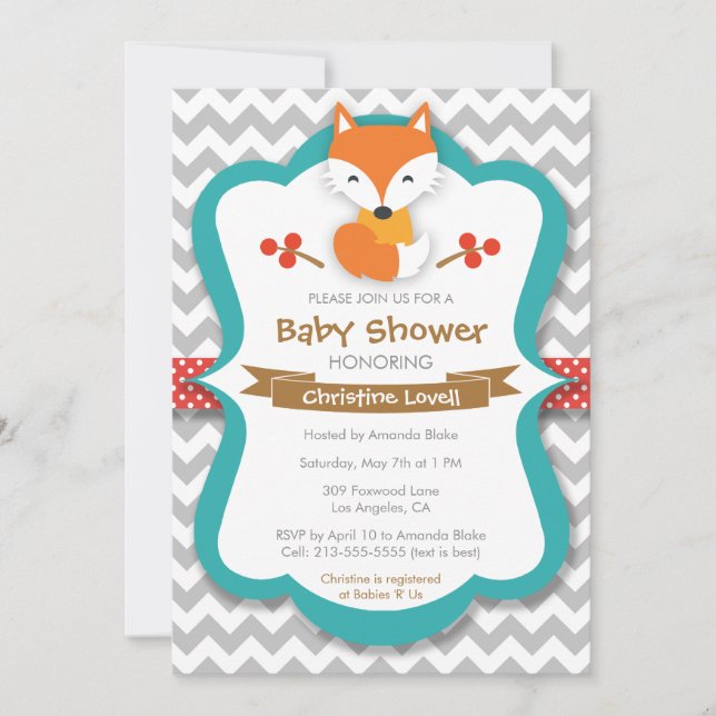 Sweet Fox Red & Turquoise Baby Shower Invitation (Front)