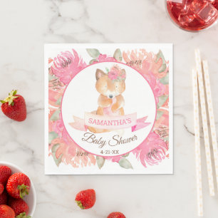 Sweet Fox Watercolor Flowers Baby Shower Napkins