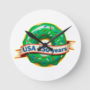 Sweet Freedom Doughnut USA 250 Years  Round Clock