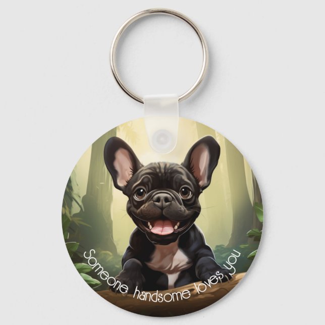 😍Sweet Frenchie puppy in a forest Key Ring (Front)