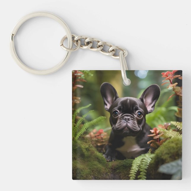 🐶💛Sweet Frenchie puppy in a jungle Key Ring (Front)