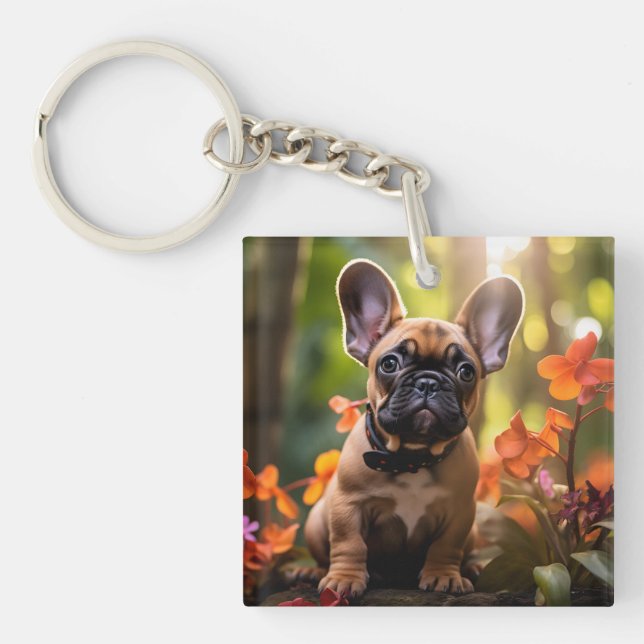 🐶💗Sweet Frenchie puppy in a jungle Key Ring (Front)
