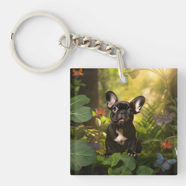 🐶💗Sweet Frenchie puppy in a jungle Key Ring (Front)