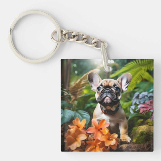 😍Sweet Frenchie puppy in a jungle Key Ring (Front)