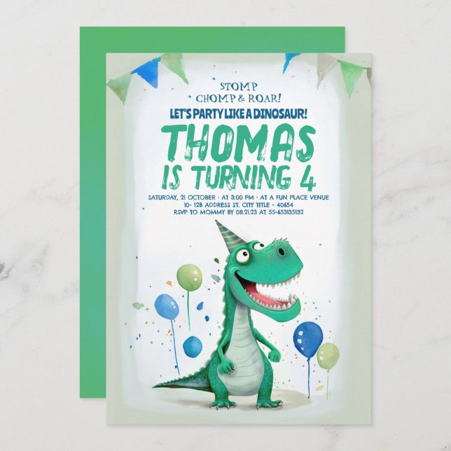 Sweet Fun Dinosaur Blue and Green Birthday Invitation (Front/Back)