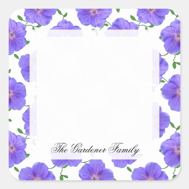Sweet Garden Blue Geranium Flower on any Colour Square Sticker (Front)