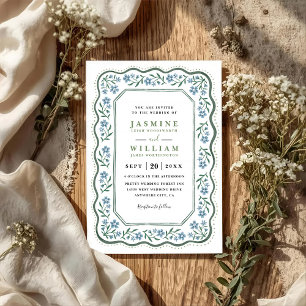 Sweet Garden Vintage Blue Floral QR Code Wedding Invitation