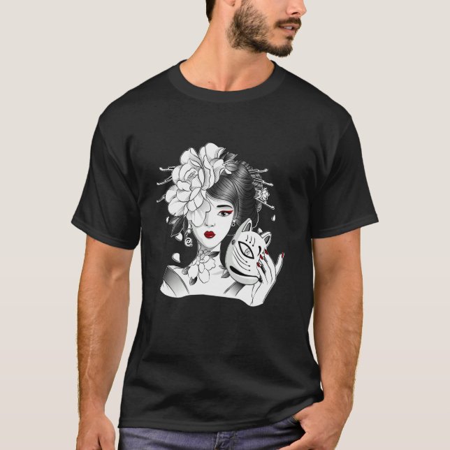 Sweet Geisha Girl Japan In Kimono Dress With Mask  T-Shirt (Front)