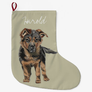 Sweet German Shepherd Puppy Drawing Large Christmas Stocking