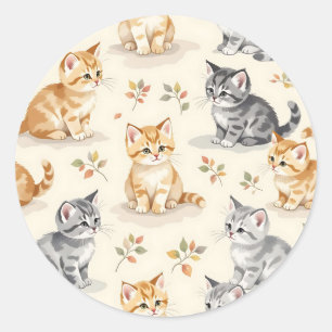 Sweet Ginger and Grey Kitten Watercolor Seamless Classic Round Sticker