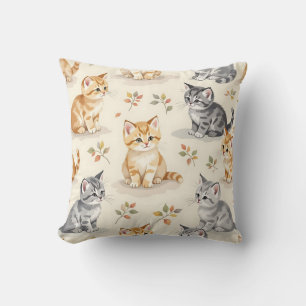 Sweet Ginger and Grey Kitten Watercolor Seamless Cushion