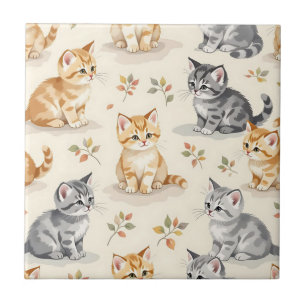 Sweet Ginger and Grey Kitten Watercolor Seamless  Tile