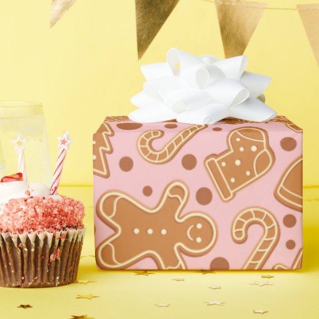 Sweet Gingerbread Cookies Christmas Pink Seamless Wrapping Paper (Birthday Party)