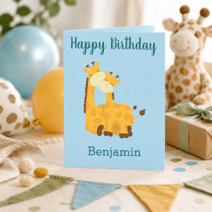 Sweet Giraffe Pair Sky Blue Children’s Birthday Card