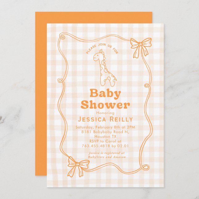 Sweet Giraffe Plaid Bow Elegant Baby Shower  Invitation (Front/Back)