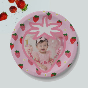 Sweet Girl 1st Birthday Strawberries Party Paper Plate