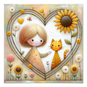 Sweet Girl and Ginger Cat with Sunflowers Photo Print