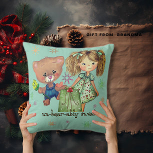  Sweet Girl and Teddy Bear Teal  Cushion