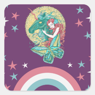Sweet Girl And Unicorn Drawing  Square Sticker