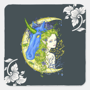 Sweet girl and unicorn drawing   square sticker