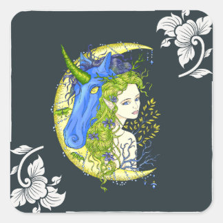 Sweet girl and unicorn drawing   square sticker