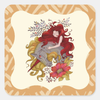 Sweet Girl And Unicorn Flowers Drawing Square Sticker