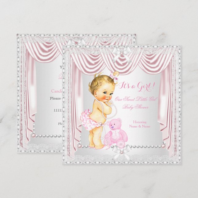 Sweet Girl Baby Shower Pink Satin Blonde Baby Invitation (Front/Back)