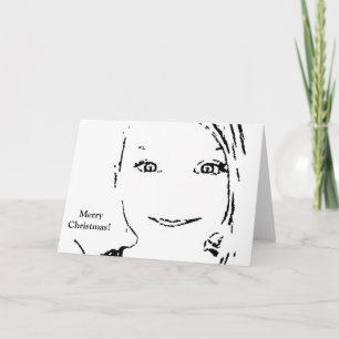Sweet Girl, Black White Portrait, Merry Christmas Holiday Card