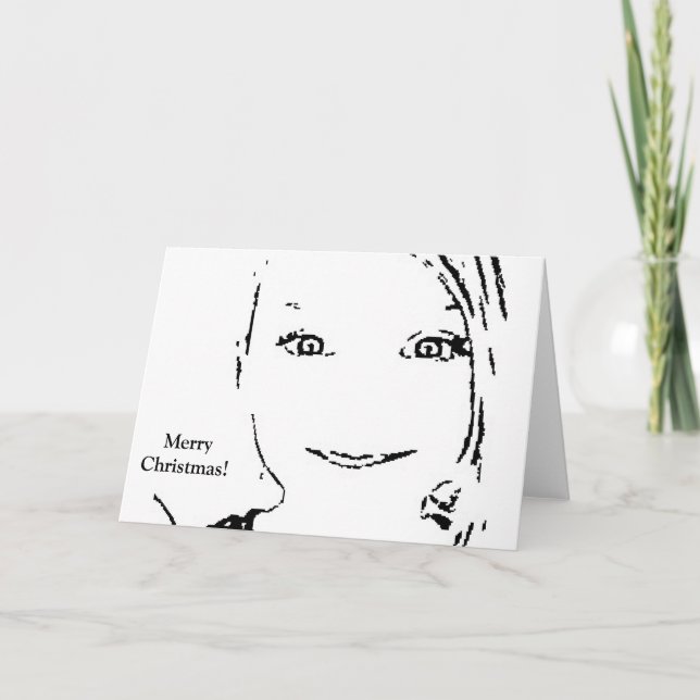 Sweet Girl, Black  White Portrait, Merry Christmas Holiday Card (Front)