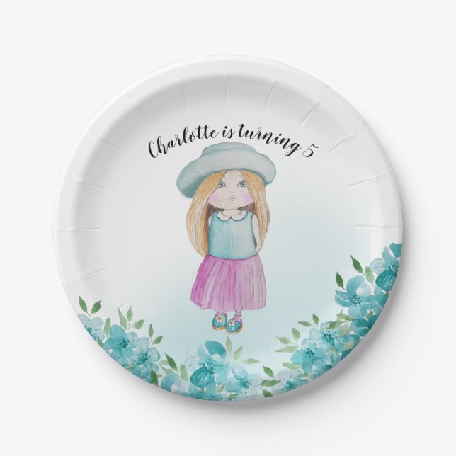 Sweet Girl Doll Watercolor Hand-painted Paper Plate (Front)