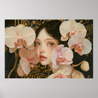 Sweet Girl in Pastel Orchid Flowers Poster