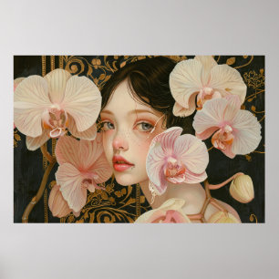 Sweet Girl in Pastel Orchid Flowers Poster