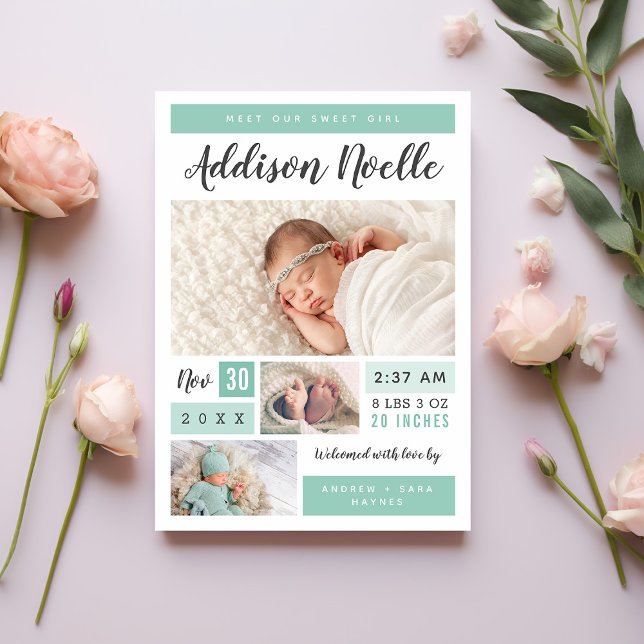 Sweet Girl Photo Collage Birth Announcement (Creator Uploaded)