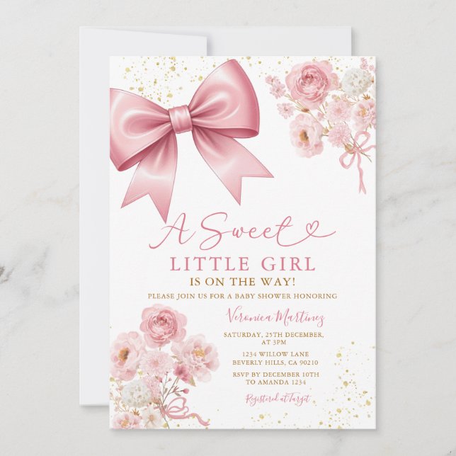 Sweet Girl Pink Bow Coquette Baby Shower Floral Invitation (Front)