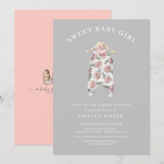 Sweet Girl Rose Romper Baby Shower Invitation (Front/Back)
