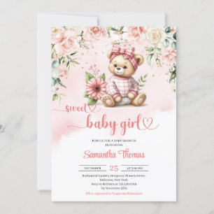 Sweet girl teddy bear with flowers baby shower invitation
