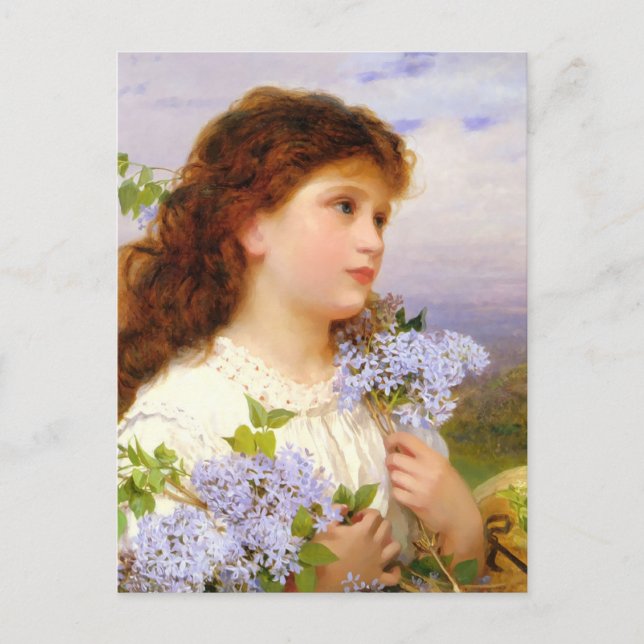 Sweet Girl with Lilac Flowers Vintage Art Postcard (Front)