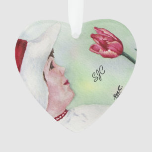 SWEET GIRL WITH RED FLOWER VALENTINE ORNAMENTS