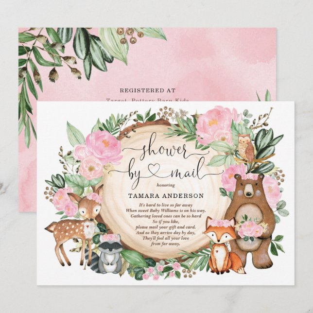Sweet Girl Woodland Animals Baby Shower By Mail Invitation (Front/Back)