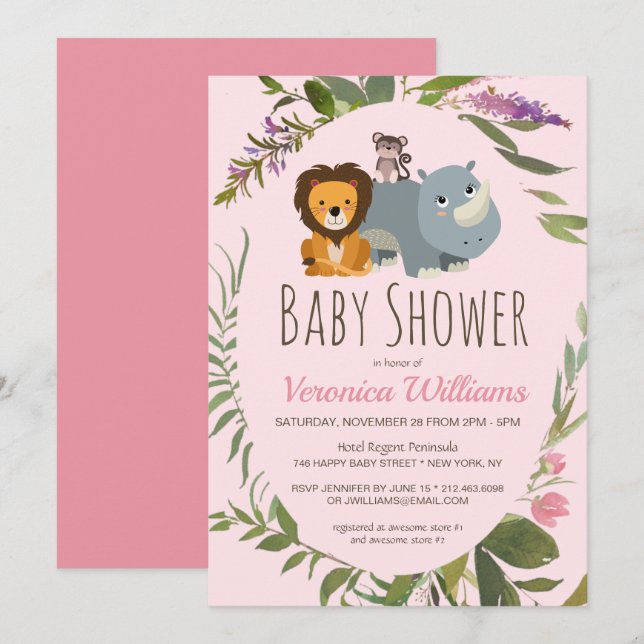 Sweet Girls Jungle Safari Animals Pink Baby Shower Invitation (Front/Back)