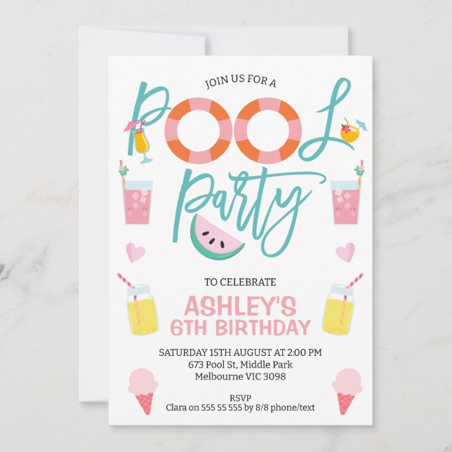 Sweet Girls Summer Pool Party Birthday Invitation (Front)