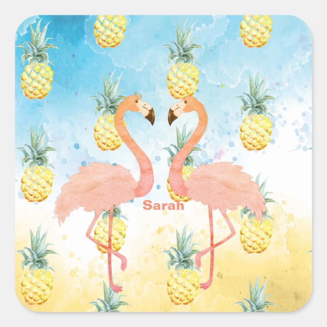 Sweet Girly Flamingo and Pineapple  Square Sticker (Front)